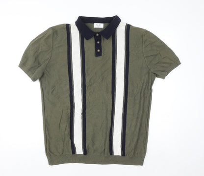 Easy Men's Green Striped Knit Polo Shirt XL Short Sleeve Cotton Blend