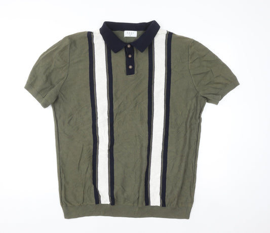 Easy Men's Green Striped Knit Polo Shirt XL Short Sleeve Cotton Blend