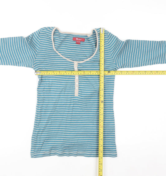 Monsoon Women Blue Striped Henley 3/4 Sleeve T-Shirt Size 12