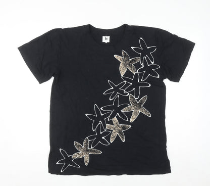Nanso Womens Black Floral Print Short Sleeve T-Shirt S