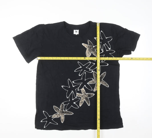 Nanso Womens Black Floral Print Short Sleeve T-Shirt S