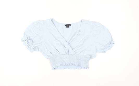 Monki Women's Blue Cropped Puff Sleeve V-Neck Blouse Size S