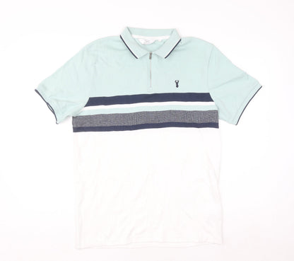 Next Men's Blue Colourblock 1/4 Zip Cotton Polo Shirt Size M Regular Fit