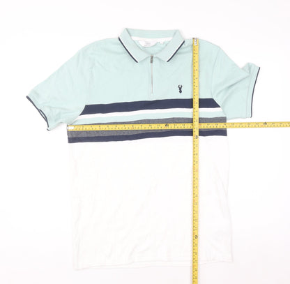 Next Men's Blue Colourblock 1/4 Zip Cotton Polo Shirt Size M Regular Fit