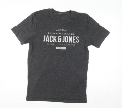 Jack & Jones Men's Charcoal Grey Graphic Print T-Shirt Size L