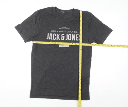 Jack & Jones Men's Charcoal Grey Graphic Print T-Shirt Size L