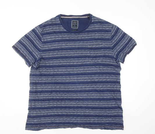 FatFace Men's Blue Striped Crew Neck Cotton Blend T-Shirt XL