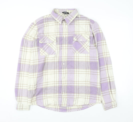 boohooMAN Men's Purple Check Flannel Long Sleeve Shirt Size M