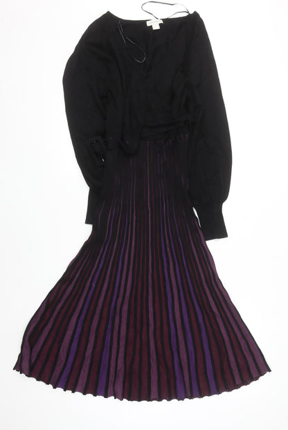 Monsoon Women Black Purple Fit & Flare Midi Dress Size 14