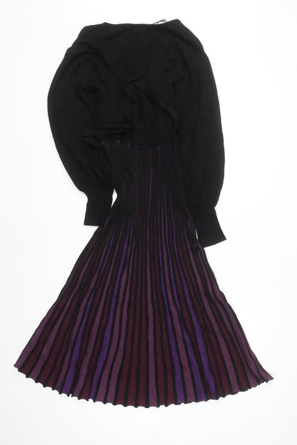 Monsoon Women Black Purple Fit & Flare Midi Dress Size 14