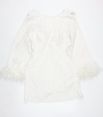 Lipsy Women White Off Shoulder Feather Sleeve Bodycon Dress Size 12