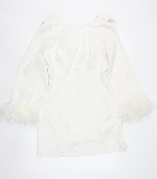 Lipsy Women White Off Shoulder Feather Sleeve Bodycon Dress Size 12