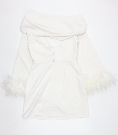 Lipsy Women White Off Shoulder Feather Sleeve Bodycon Dress Size 12