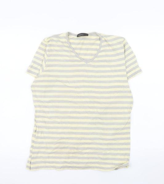 Cedarwood State Men’s Grey Yellow Striped Cotton V-Neck T-Shirt Size S