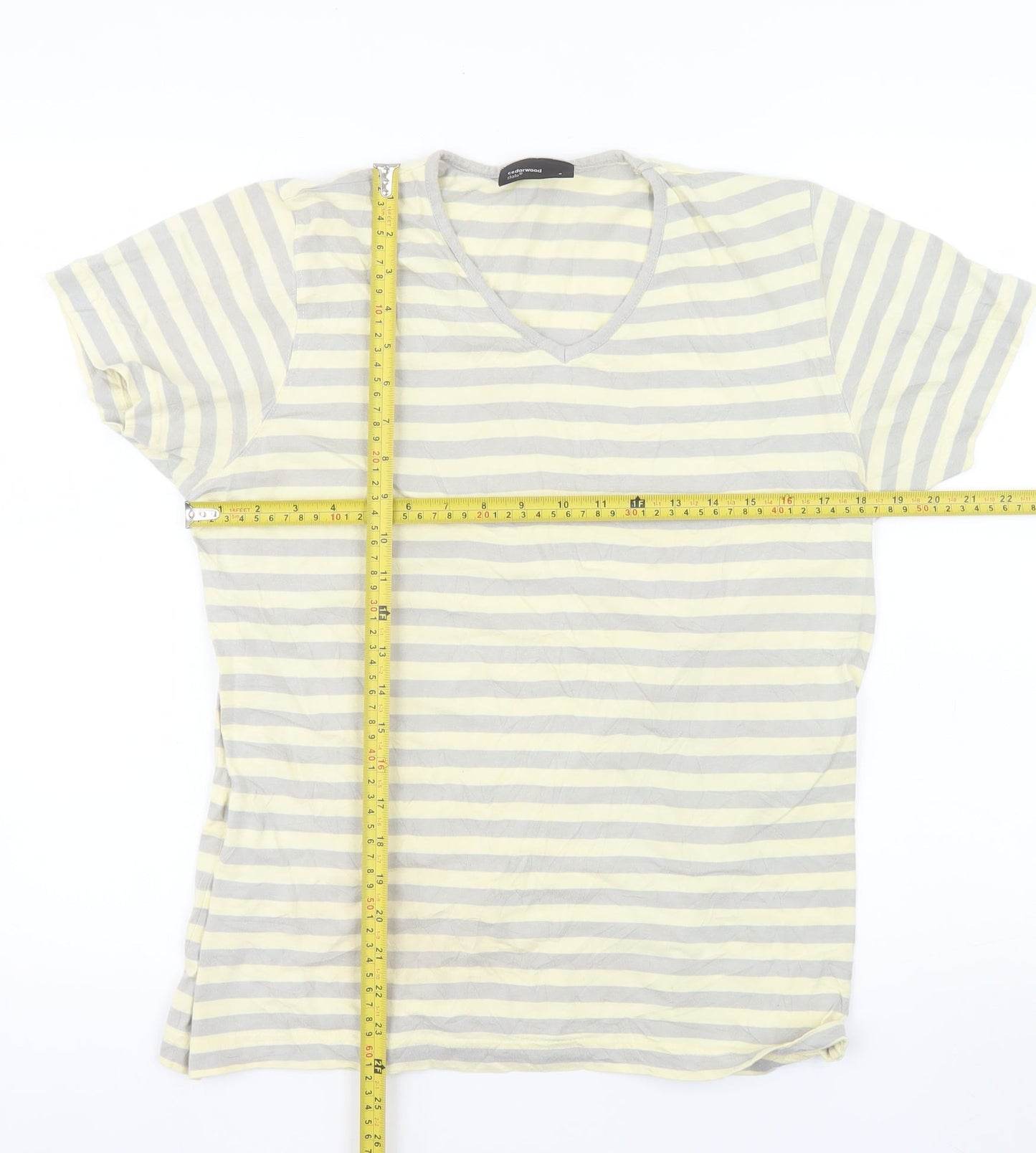 Cedarwood State Men’s Grey Yellow Striped Cotton V-Neck T-Shirt Size S