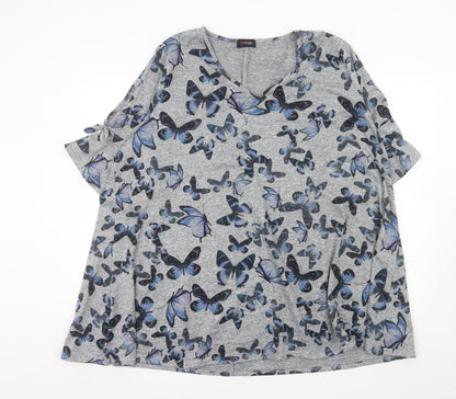 Yours Women Grey Butterfly Print V-Neck Short Sleeve Plus Size T-Shirt