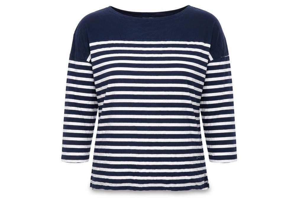 Pull&Bear Women's Blue Striped Boat Neck 3/4 Sleeve Cotton Top S