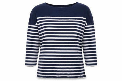 Pull&Bear Women's Blue Striped Boat Neck 3/4 Sleeve Cotton Top S