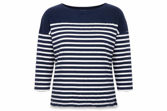 Pull&Bear Women's Blue Striped Boat Neck 3/4 Sleeve Cotton Top S