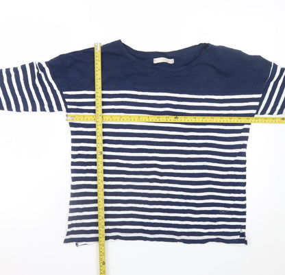 Pull & Bear Women's Blue Striped Boat Neck 3/4 Sleeve Cotton Top S