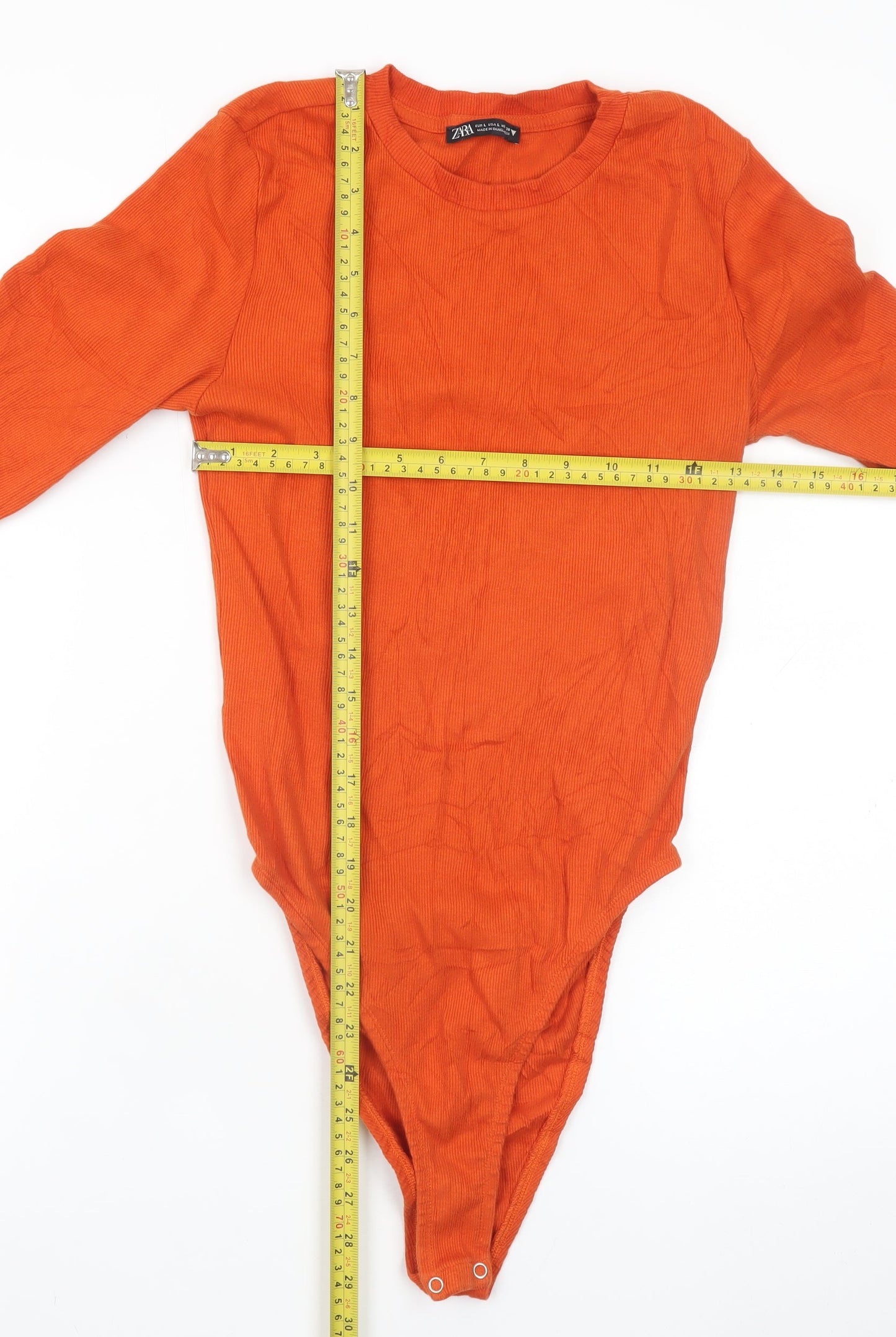 Zara Women Orange Long Sleeve Bodysuit Top Size 14 Cotton Stretch
