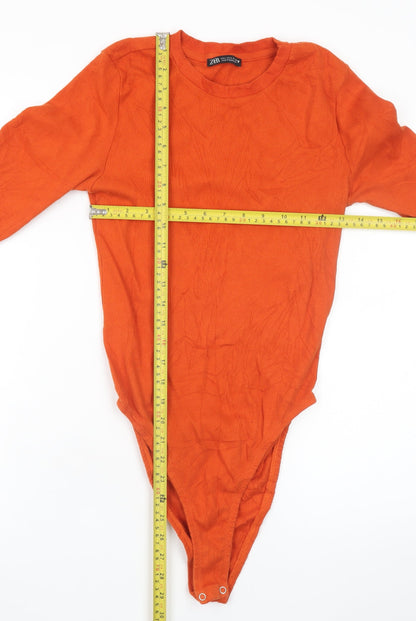 Zara Women Orange Long Sleeve Bodysuit Top Size 14 Cotton Stretch