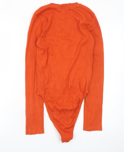 Zara Women Orange Long Sleeve Bodysuit Top Size 14 Cotton Stretch