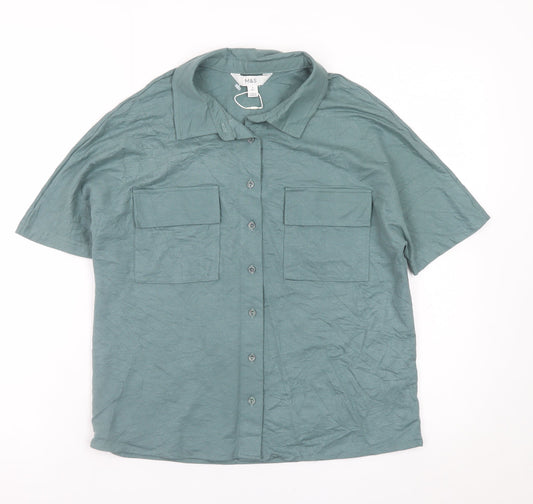 Marks and Spencer Men's Green Short Sleeve Regular Fit Button-Up Shirt Size S