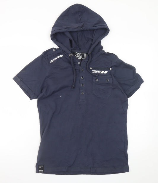 Dissident Men's Navy Short Sleeve Hooded Henley Cotton T-Shirt Size M