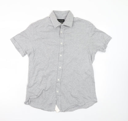 Massimo Dutti Men's Grey Linen Cotton Short Sleeve Polo L