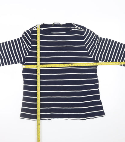 Bonmarché Women Blue Striped 3/4 Sleeve Cotton Boat Neck T-Shirt Size 16