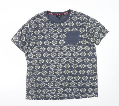 Brave Soul Men's Blue Aztec Print Crew Neck T-Shirt 2XL Cotton Blend