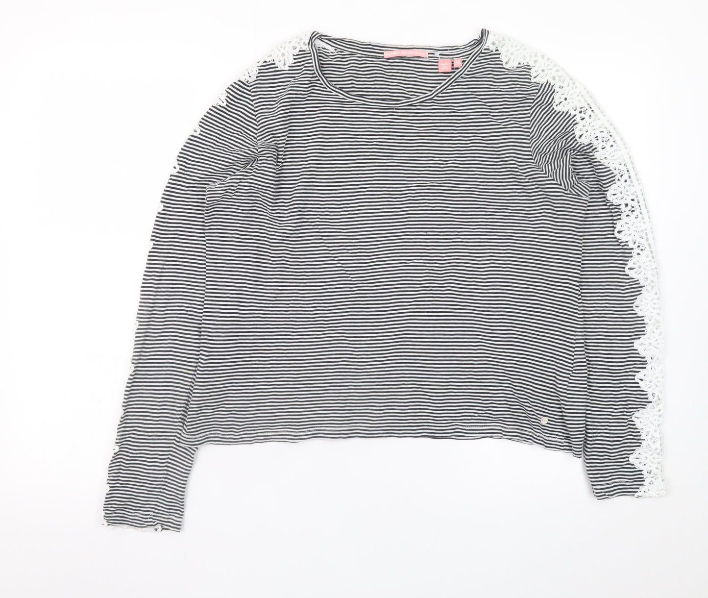 Superdry Womens Black Striped Lace Long Sleeve Cotton T-Shirt Size 14