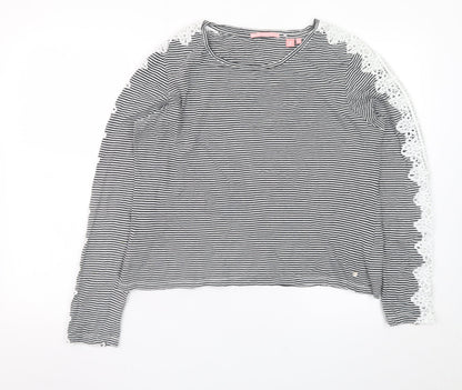 Superdry Womens Black Striped Lace Long Sleeve Cotton T-Shirt Size 14