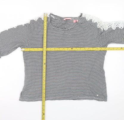 Superdry Womens Black Striped Lace Long Sleeve Cotton T-Shirt Size 14
