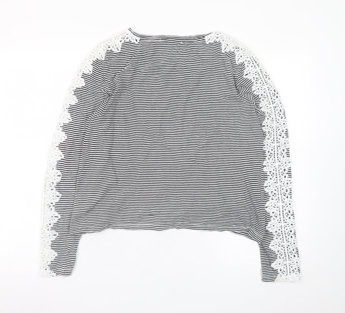 Superdry Womens Black Striped Lace Long Sleeve Cotton T-Shirt Size 14