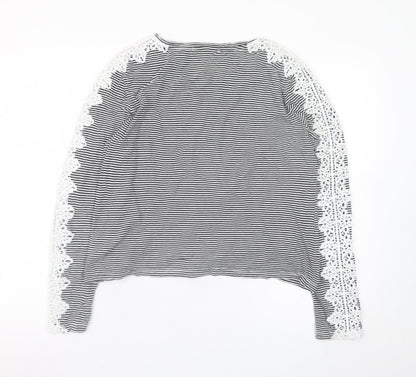 Superdry Womens Black Striped Lace Long Sleeve Cotton T-Shirt Size 14