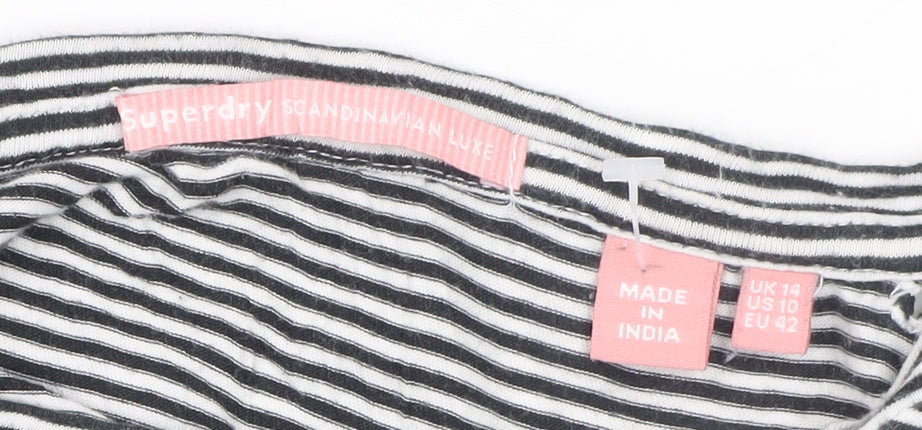 Superdry Womens Black Striped Lace Long Sleeve Cotton T-Shirt Size 14