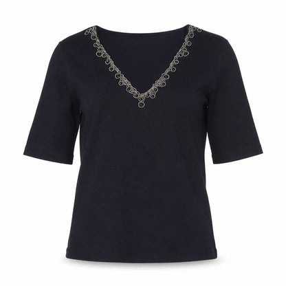 Viyella Women's Navy Beaded V-Neck Cotton Top Size S