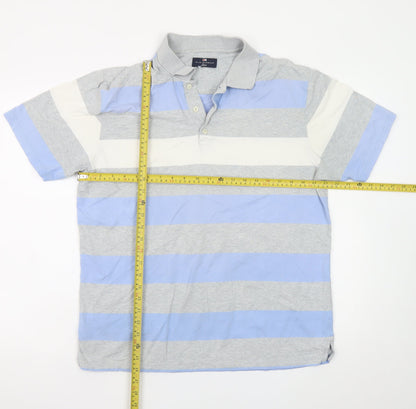Marks and Spencer Men's Blue Grey Striped Cotton Polo Shirt Medium