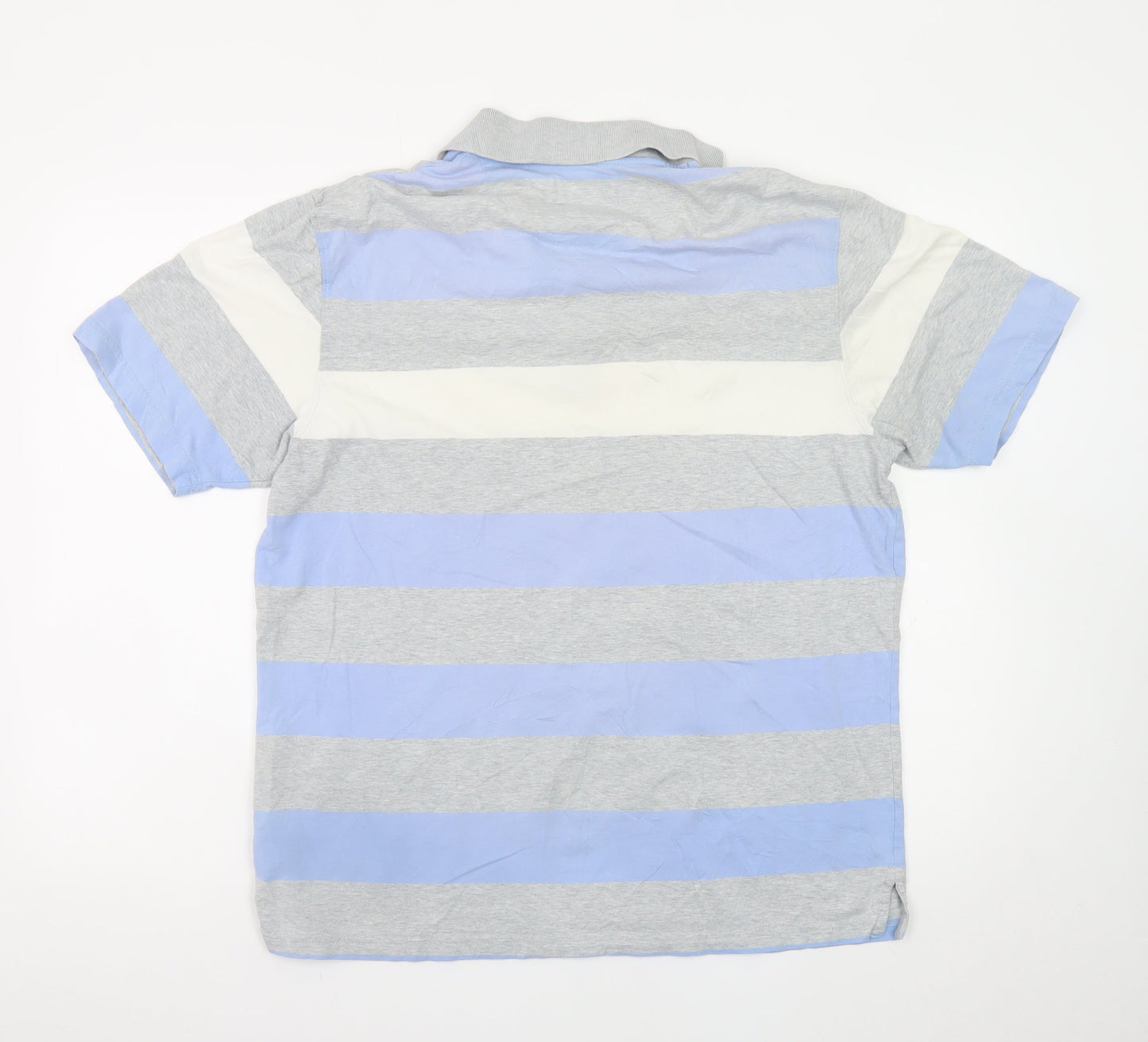 Marks and Spencer Men's Blue Grey Striped Cotton Polo Shirt Medium