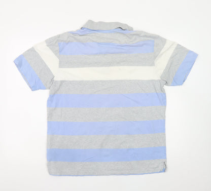 Marks and Spencer Men's Blue Grey Striped Cotton Polo Shirt Medium