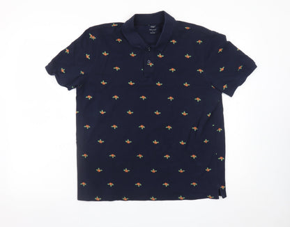 Marks and Spencer Men's Blue Floral Embroidered Polo Shirt Size L