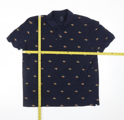 Marks and Spencer Men's Blue Floral Embroidered Polo Shirt Size L