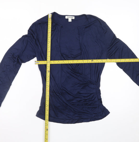 Jaeger Womens Blue Viscose Wrap Blouse Size 8 Long Sleeve