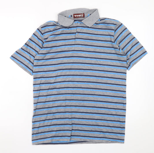 Woody Men's Grey Striped Collared Short Sleeve Polo Shirt Size M