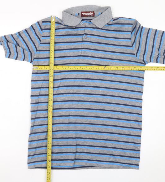 Woody Men's Grey Striped Collared Short Sleeve Polo Shirt Size M