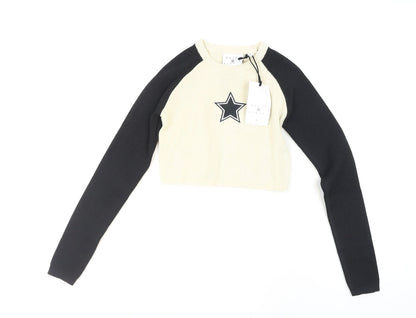 Daisy Street Women's Beige Black Cropped Raglan Star Knit Top XS