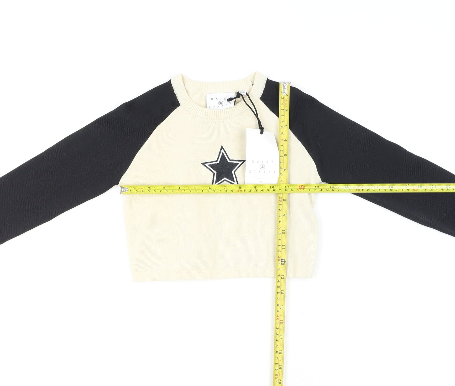 Daisy Street Women's Beige Black Cropped Raglan Star Knit Top XS
