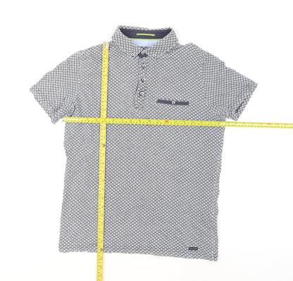 Guide London Men's Blue Geometric Button-Up Short Sleeve Shirt M